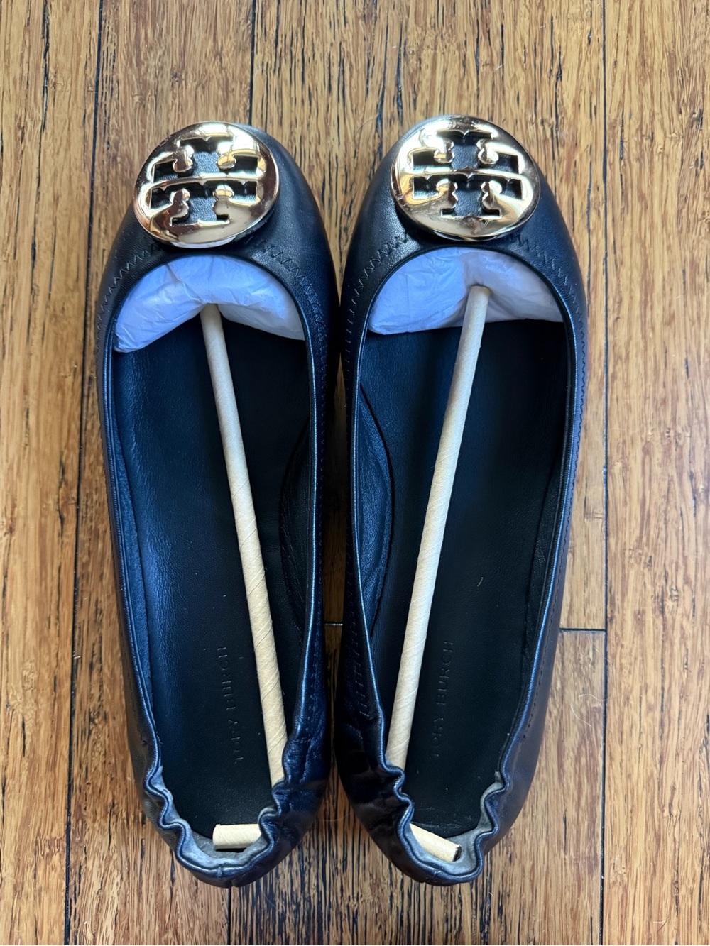 Tory Burch Black Leather Ballet Flats with Gold Logo Medallion